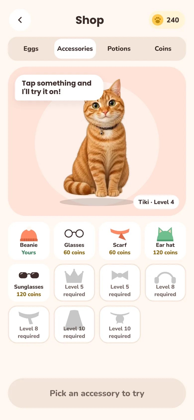 Shop screen (in Turkish): accessories you can try on Tiki and items that unlock with levels