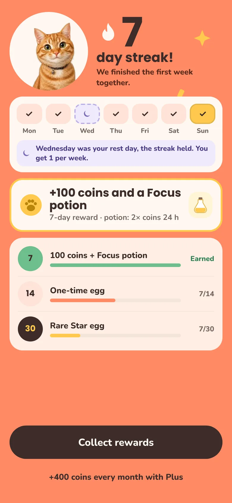 Streak screen (in Turkish): a 7-day streak with Wednesday counted as a rest day, and the day 7, 14 and 30 rewards