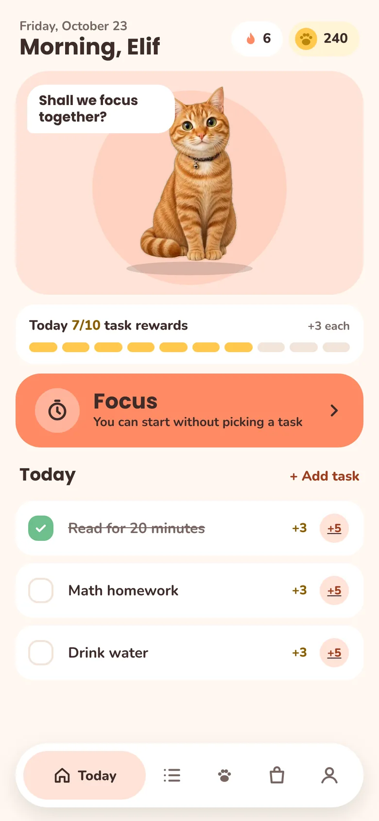 Petiki home screen (in Turkish): Tiki, today's task reward counter, the Focus button and today's tasks