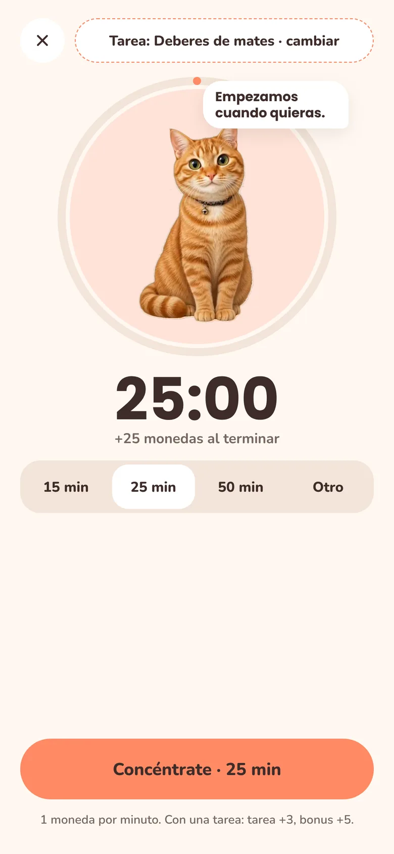 Pantalla de concentración (en turco): un temporizador de 25 minutos con las opciones de 15, 25, 50 minutos y duración personalizada