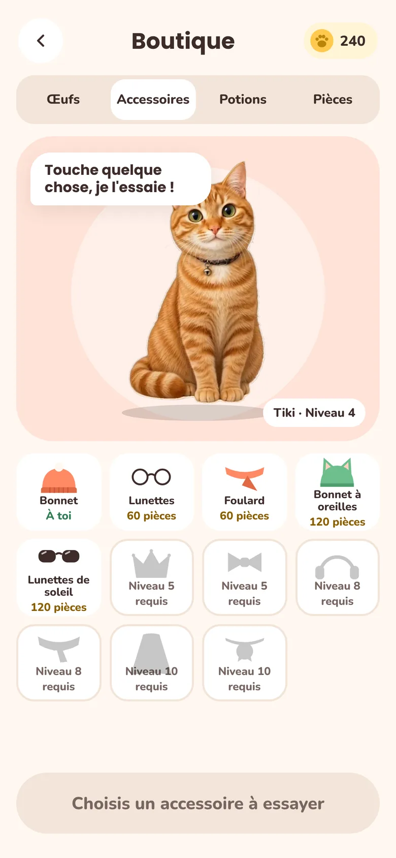 Écran de la boutique (en turc) : des accessoires à essayer sur Tiki et des objets débloqués avec les niveaux