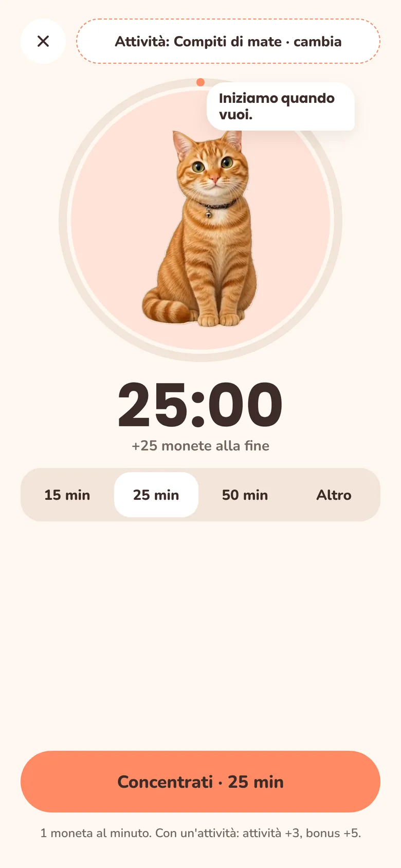 Schermata di concentrazione (in turco): un timer da 25 minuti con le opzioni 15, 25, 50 minuti e durata personalizzata