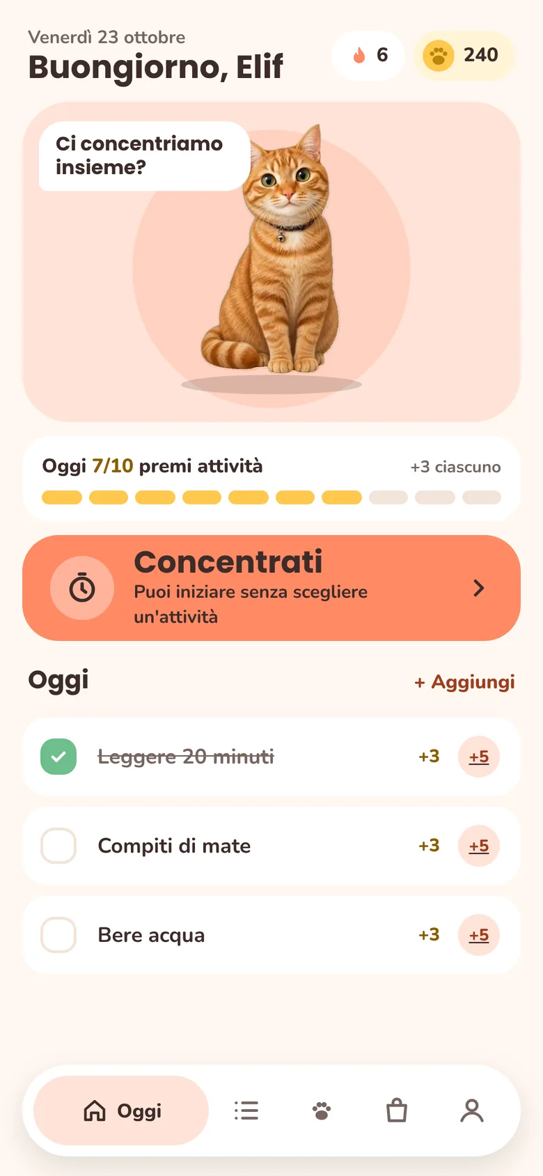 Schermata principale di Petiki (in turco): Tiki, il contatore dei premi del giorno, il pulsante Concentrati e le attività di oggi
