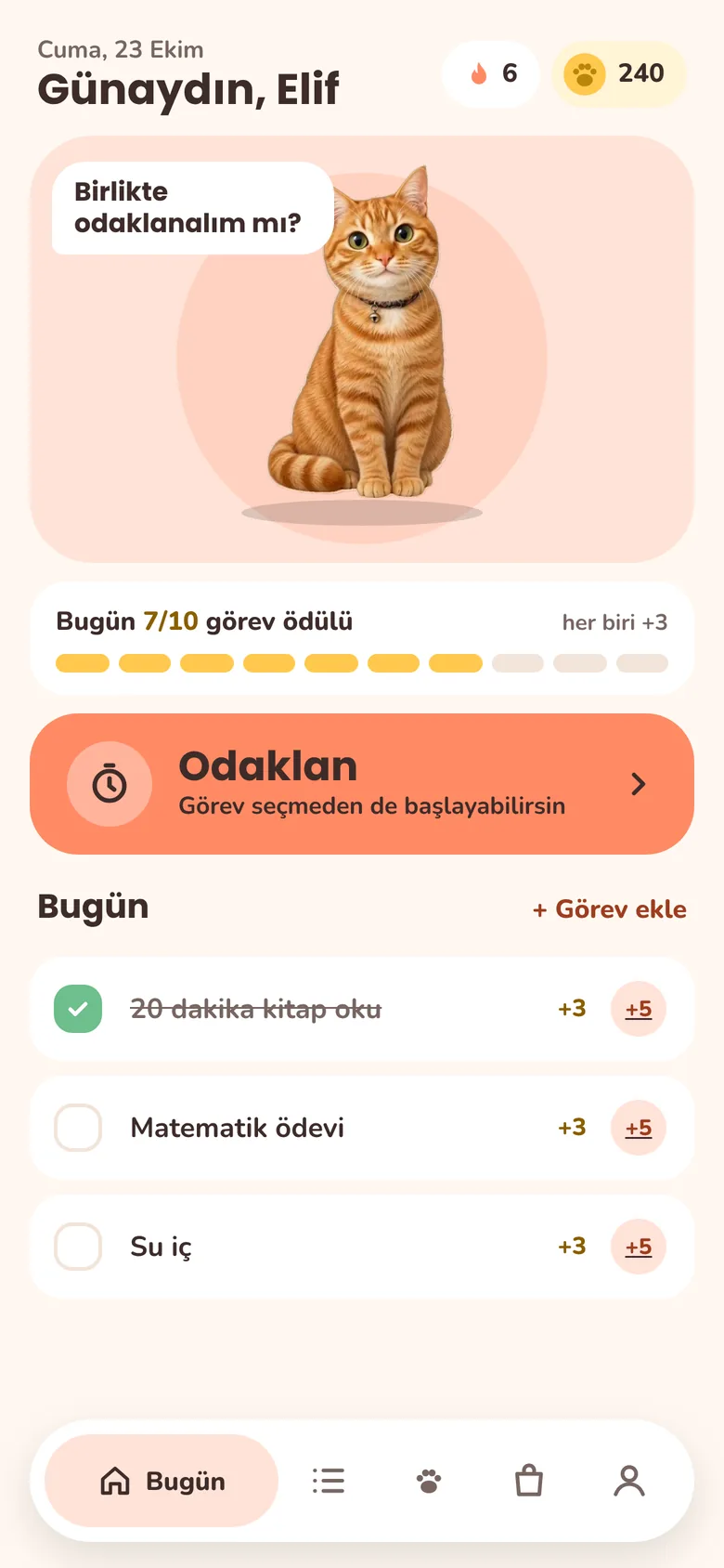 Petiki ana ekranı: Tiki, günün görev ödülü sayacı, Odaklan düğmesi ve bugünün görevleri